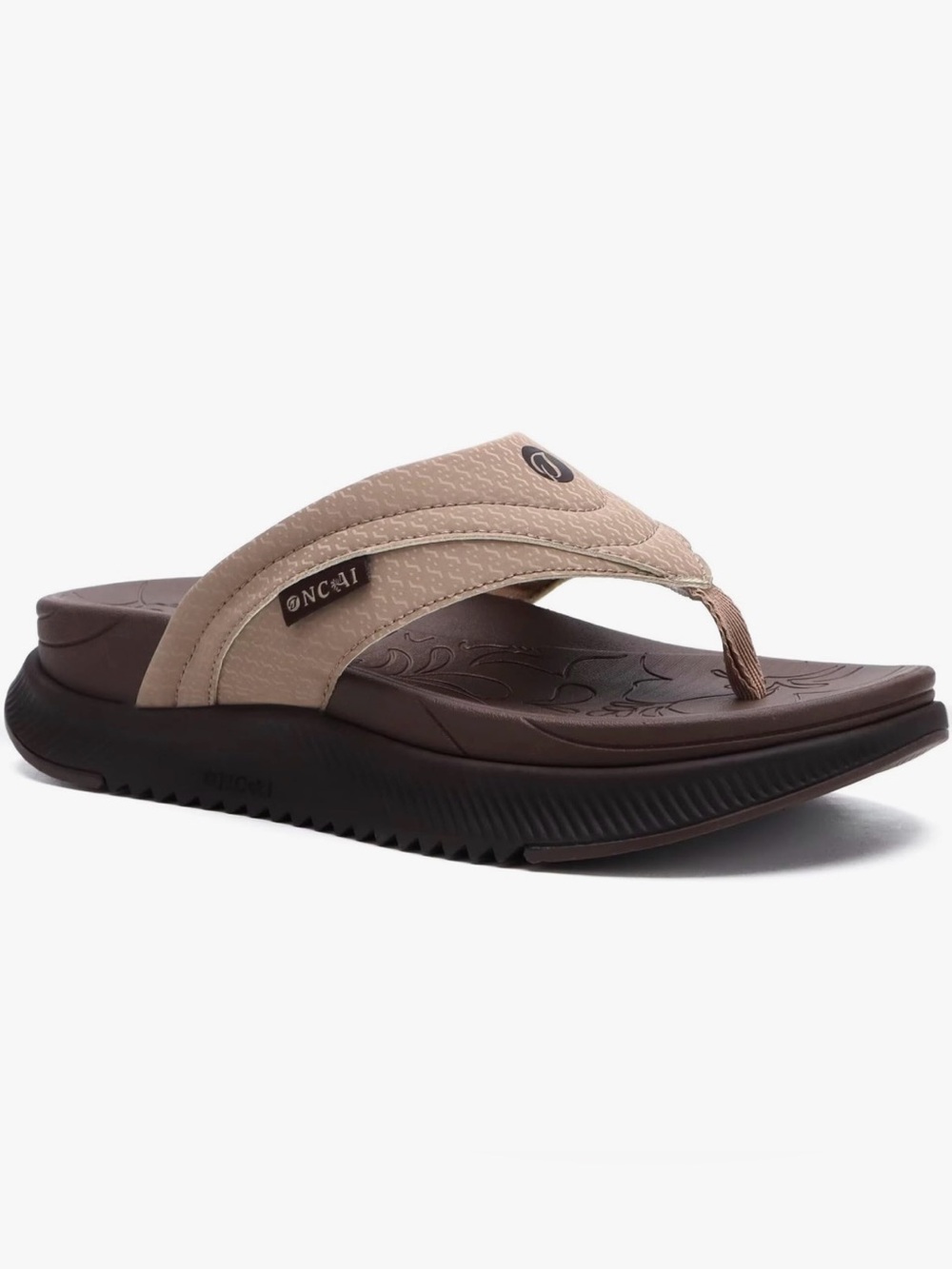 Oncai women Tan Strap and Brown Footbed Flip Flops